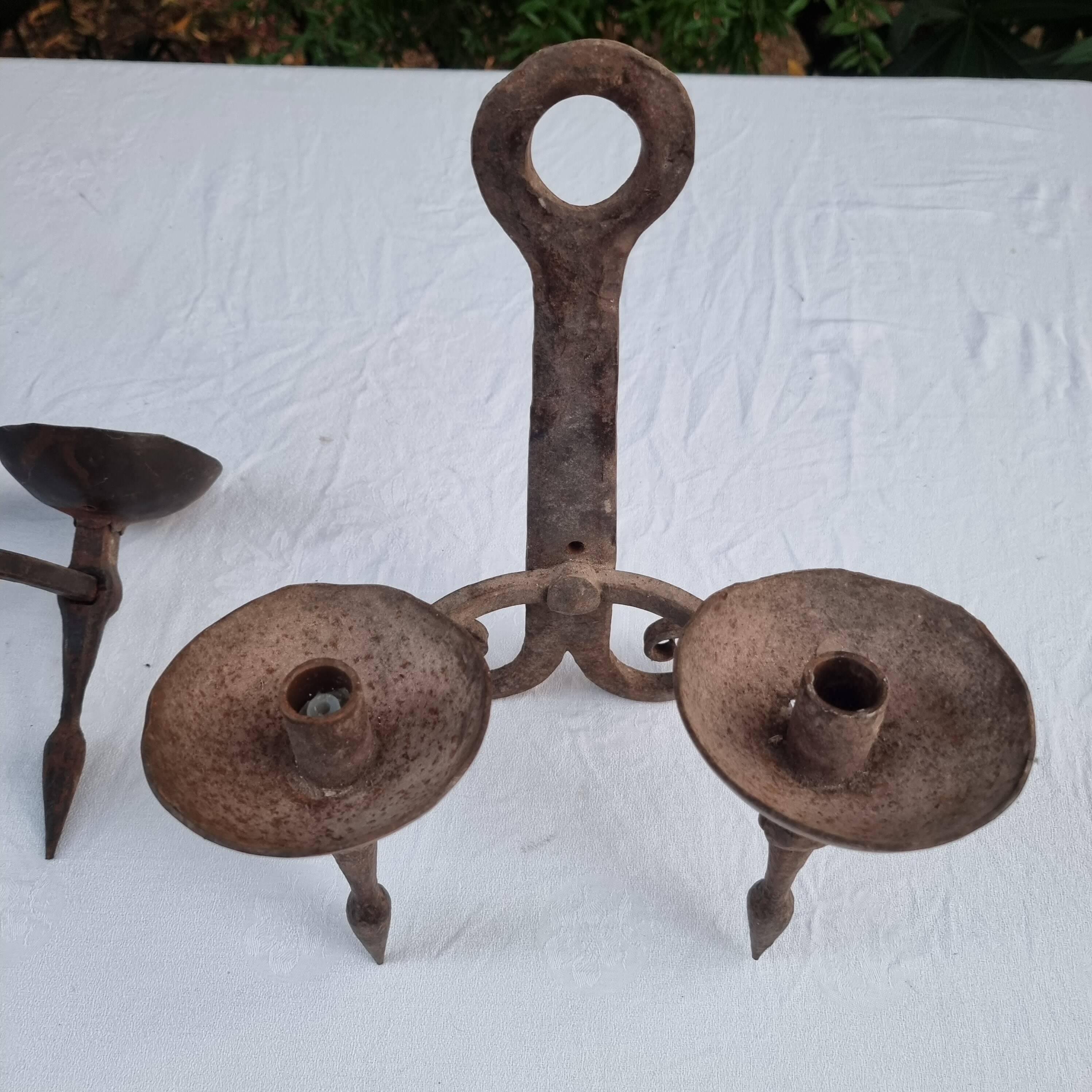 Pair of antique 15th century medieval castle wrought iron candlesticks