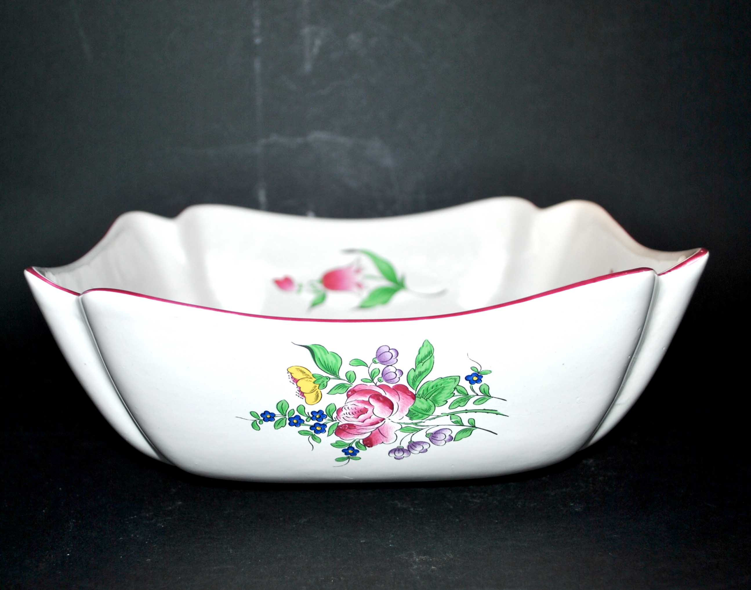 Salad bowl square cut floral vintage earthenware KG LUNEVILLE model Lamppost polychrome