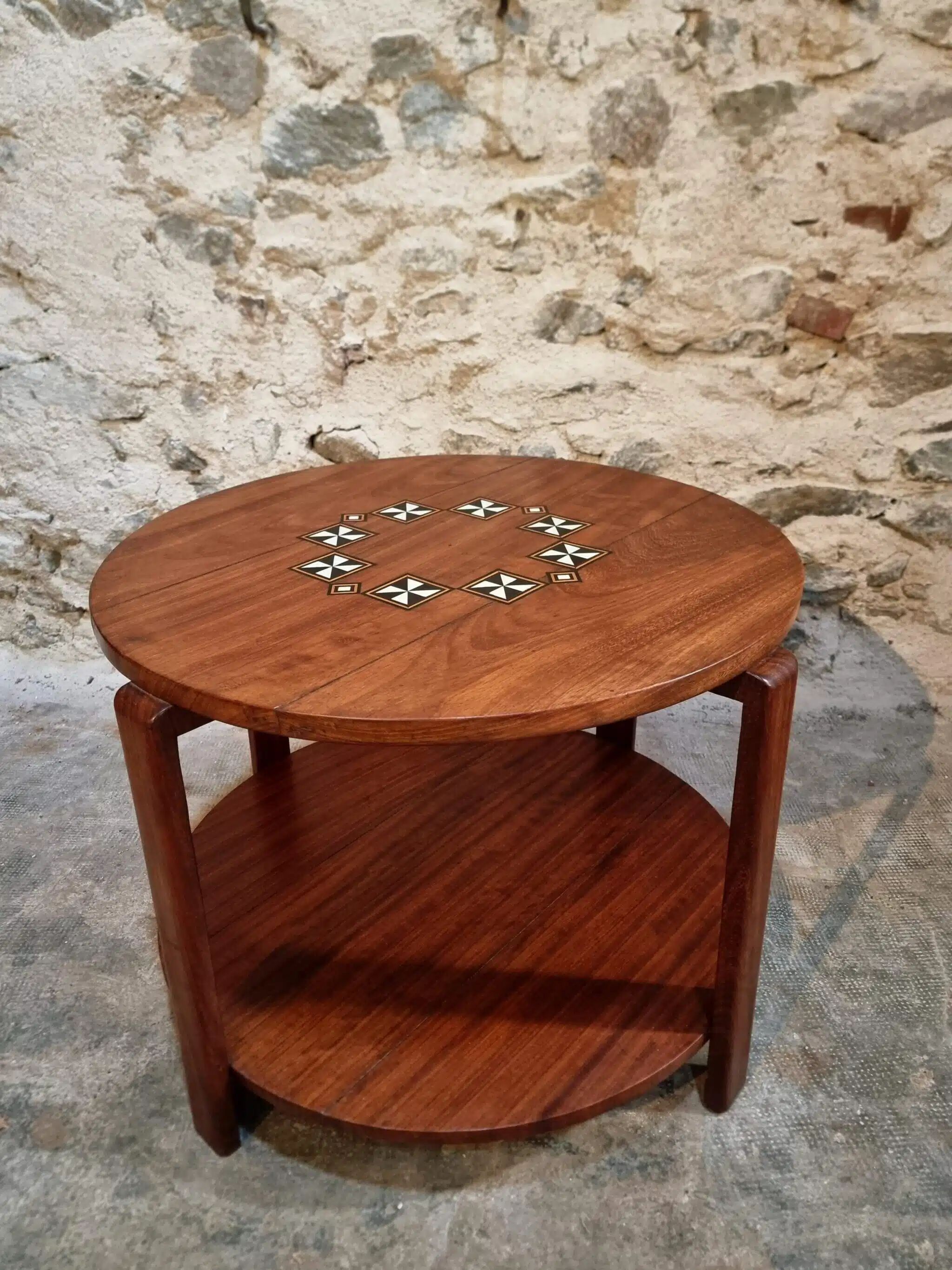 Table basse française mid-century en bois massif, années 1950