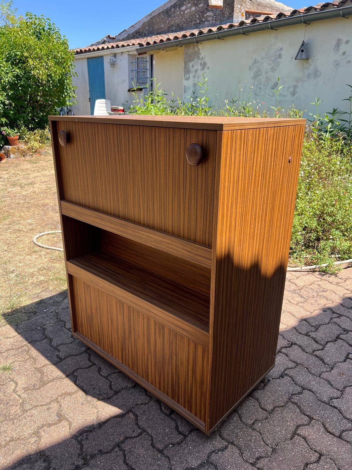 Vintage foldable bedside table in zebra wood – 1970s