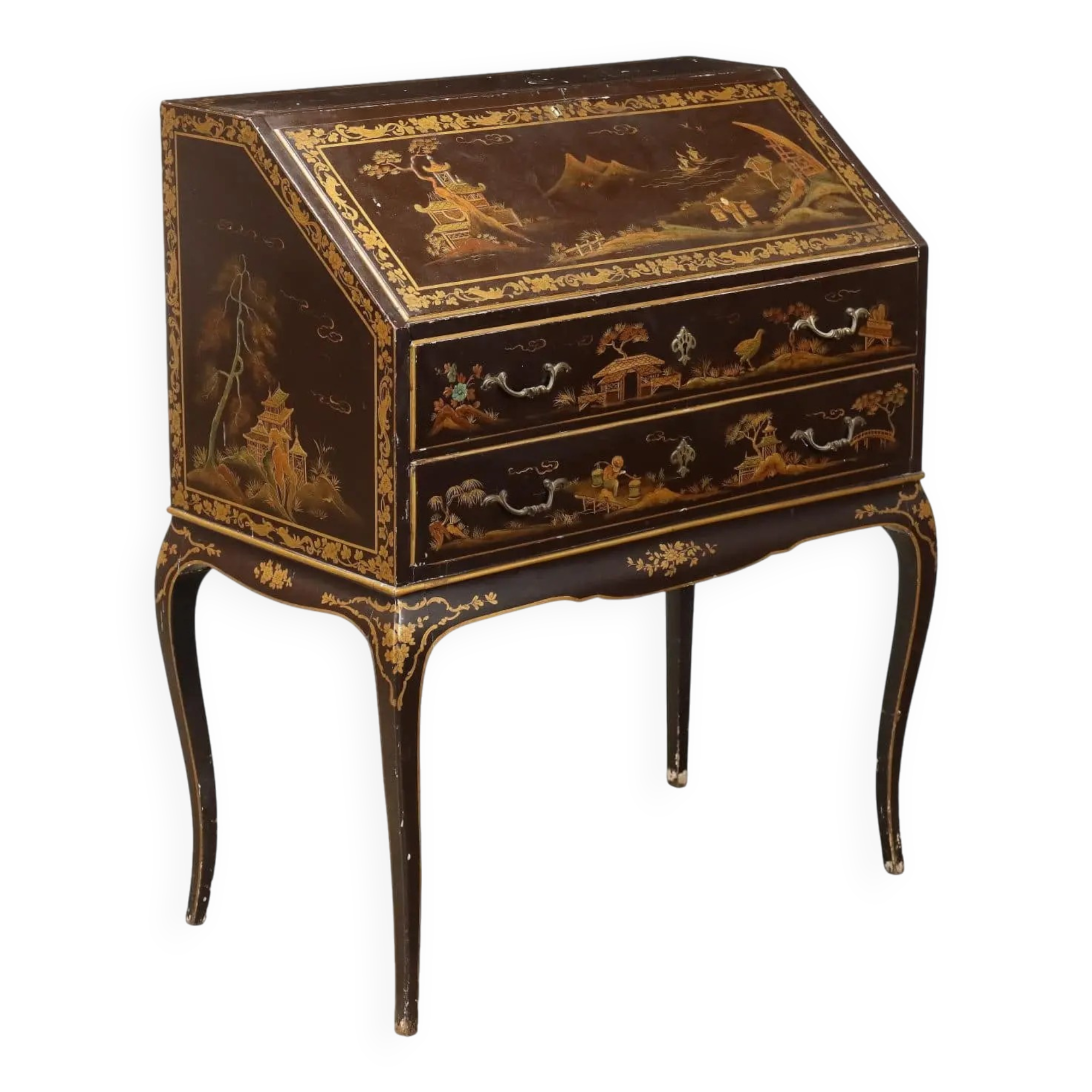 Antique Chinese-style walnut drop-leaf secretary cabinet, Italy, 20th century.
