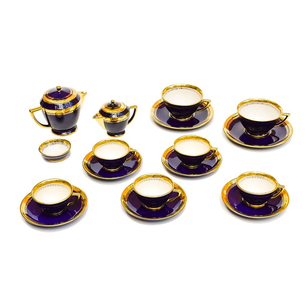 Coffee service Kréma Lafitte Asnières porcelain gold blue ⋆ Brocante Chic