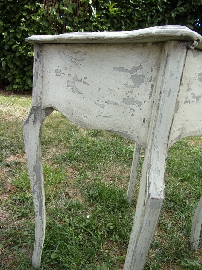 Small side table with walnut storage, patinated white shabby chipped
