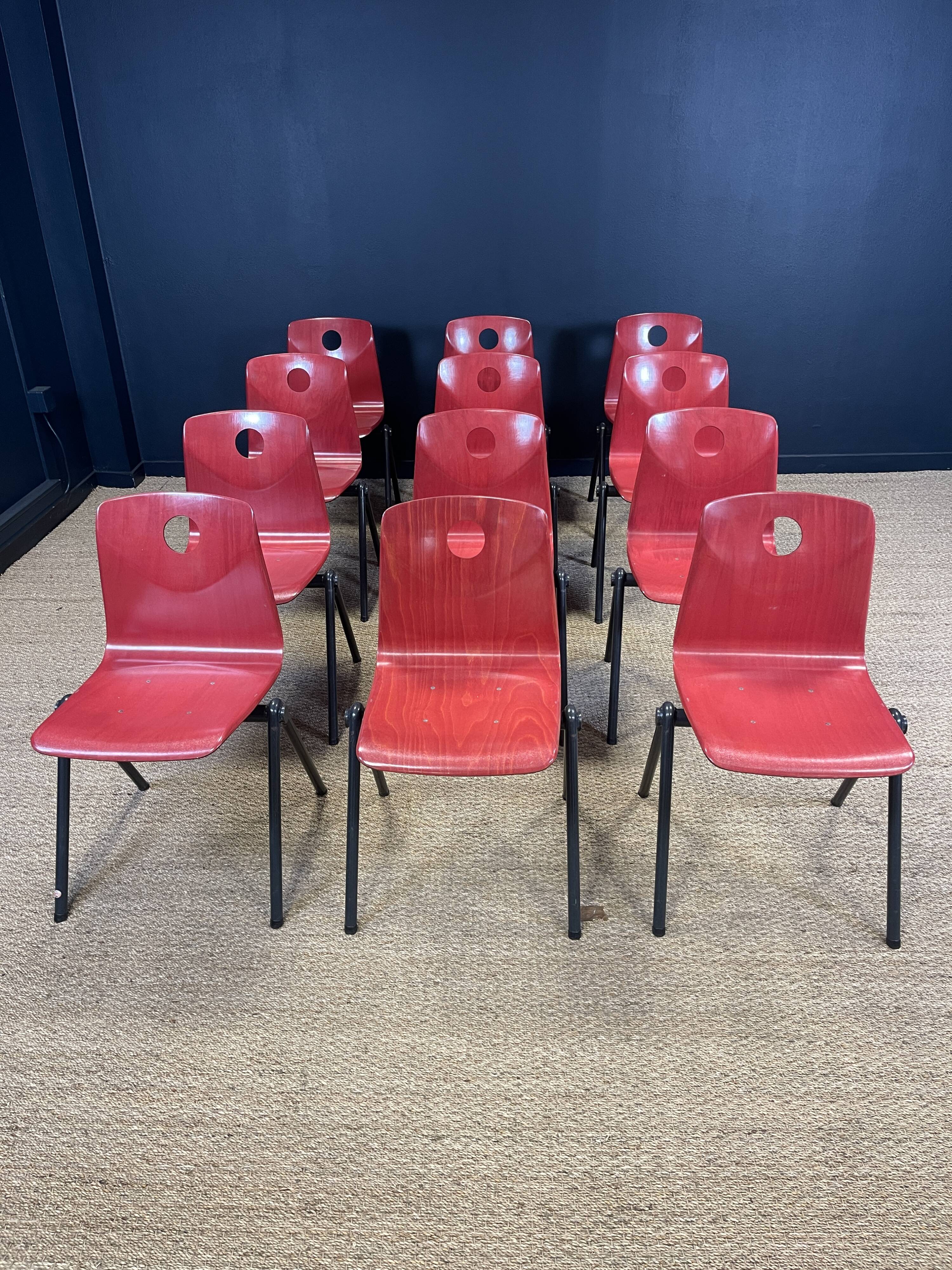 Set of 12 Galvanitas S30 raspberry red and grey steel chairs from the 70s