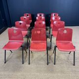 Set of 12 Galvanitas S30 raspberry red and grey steel chairs from the 70s