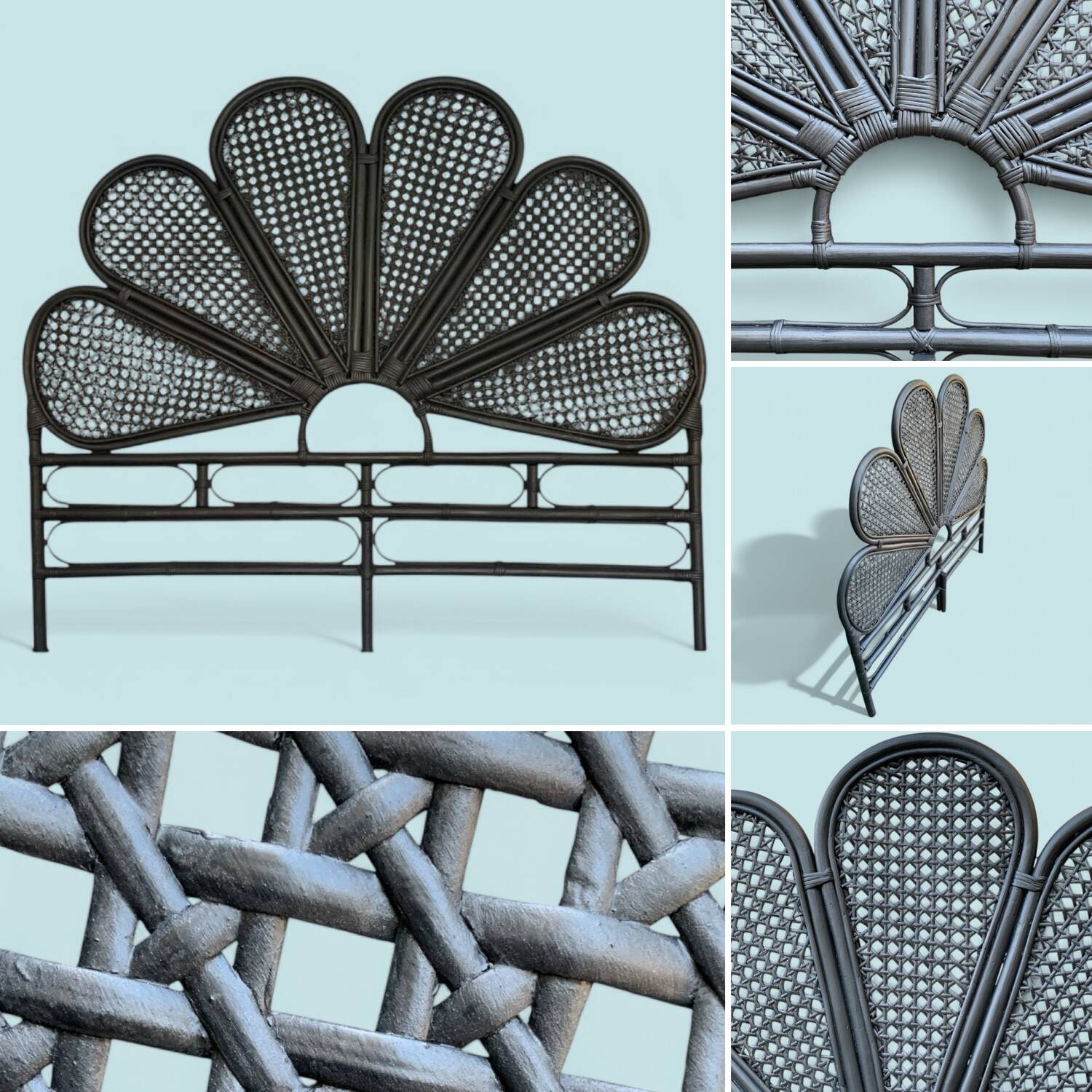 Vintage black rattan headboard 142cm
