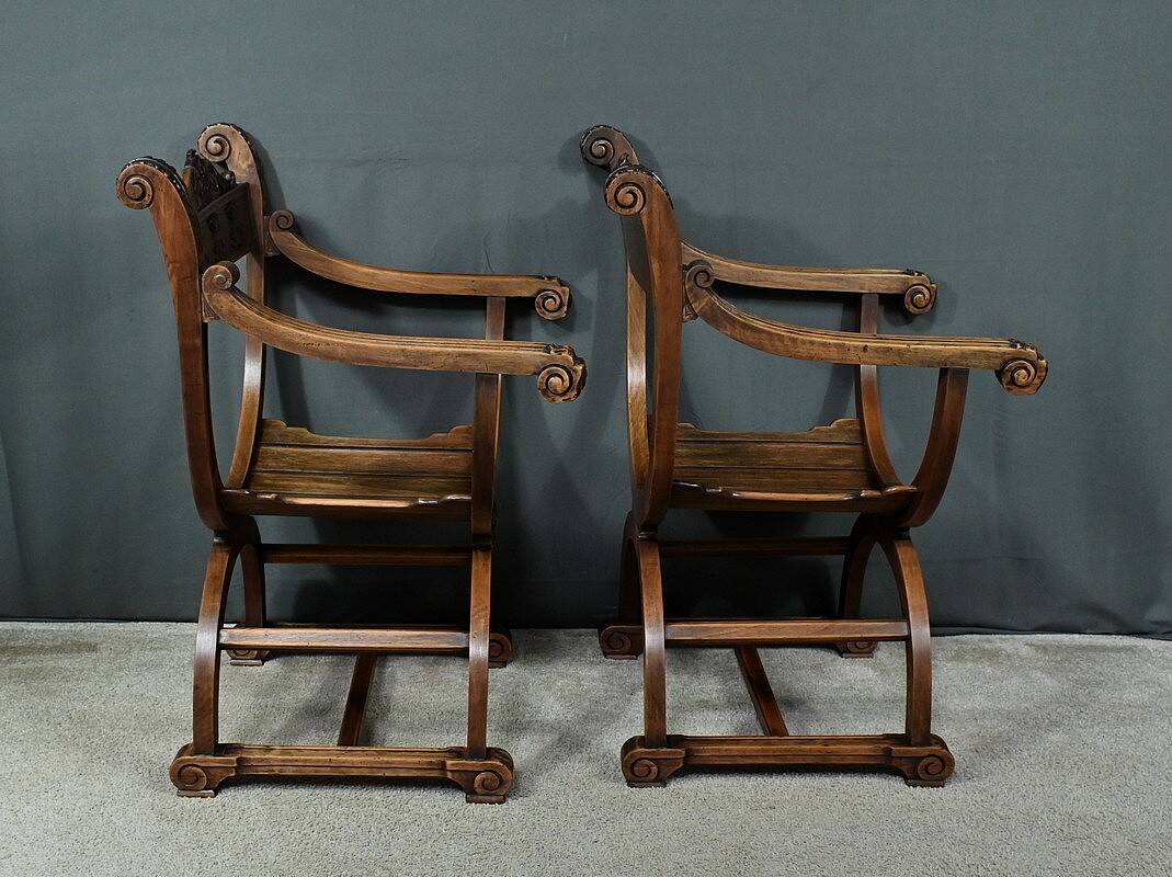 Pair of Dagobert walnut armchairs, medieval style – late 19th century
