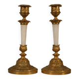 Pair of bronze and white opaline candlesticks