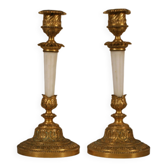 Pair of bronze and white opaline candlesticks