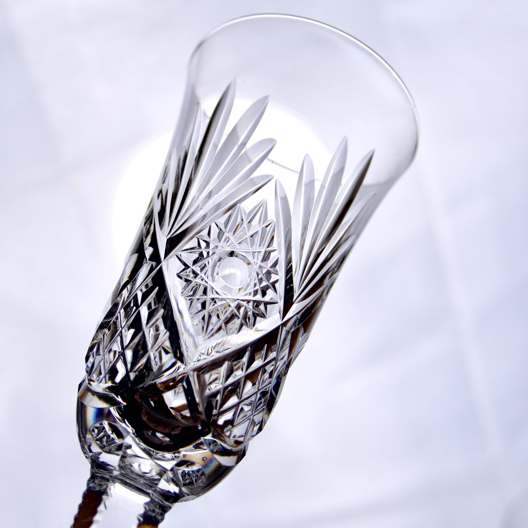 Large antique hand-cut crystal champagne flutes signed LS
