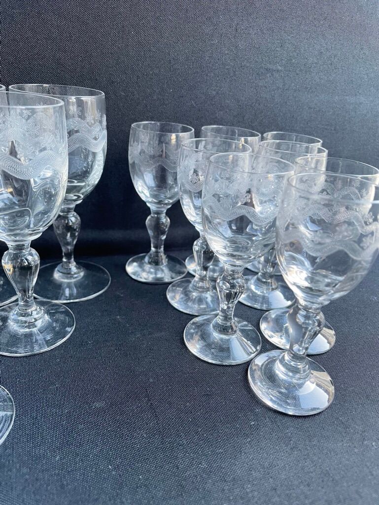 14 Meisenthal blown and engraved digestive glasses