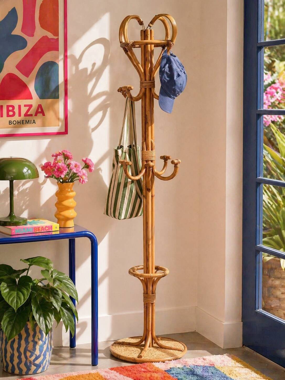 Vintage 1970s rattan parrot coat rack