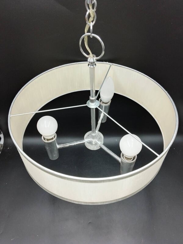 Lustre vintage 3 feux en plastique argenté et blanc