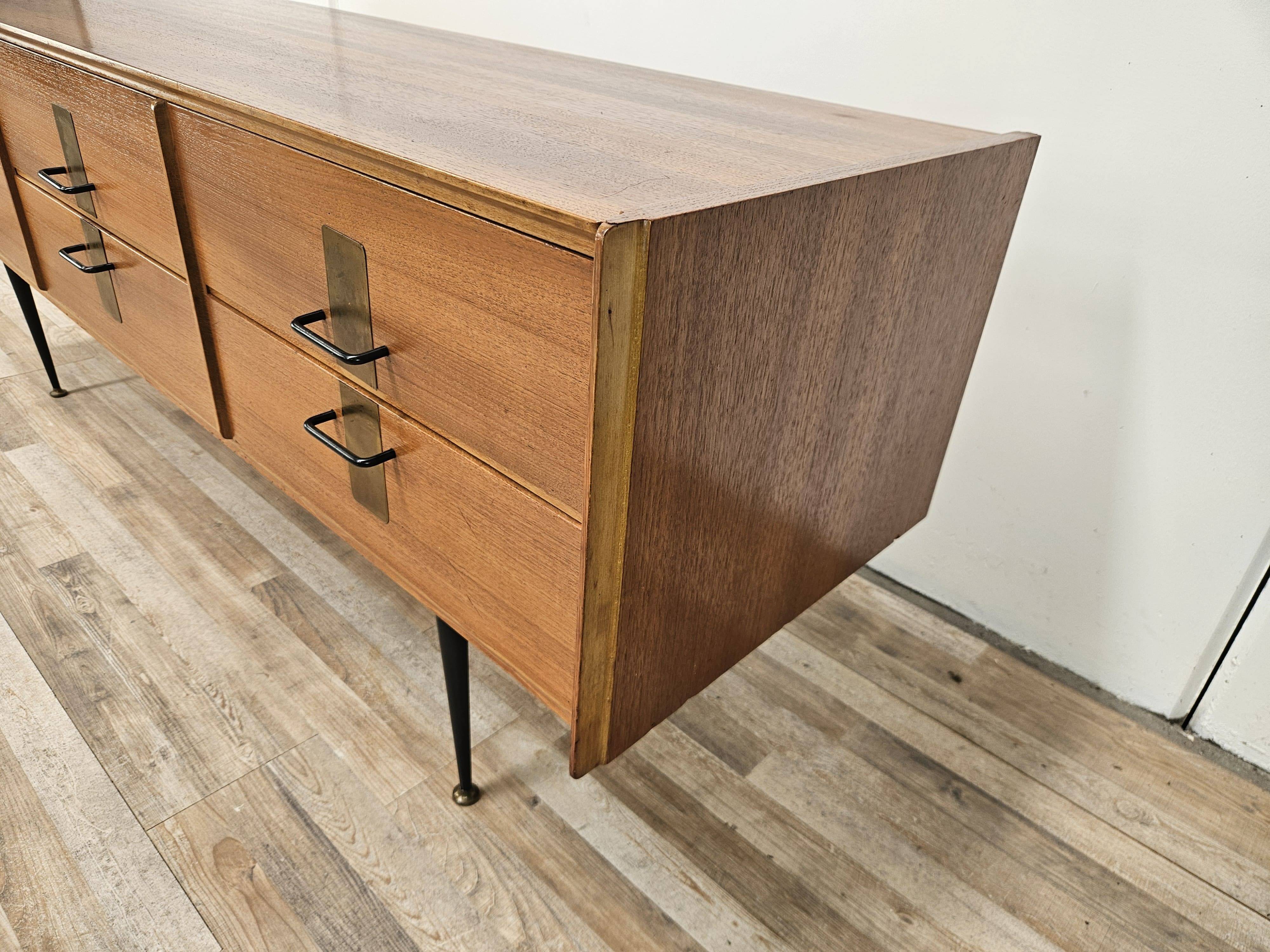 1960s walnut chest of drawers with iron and brass details