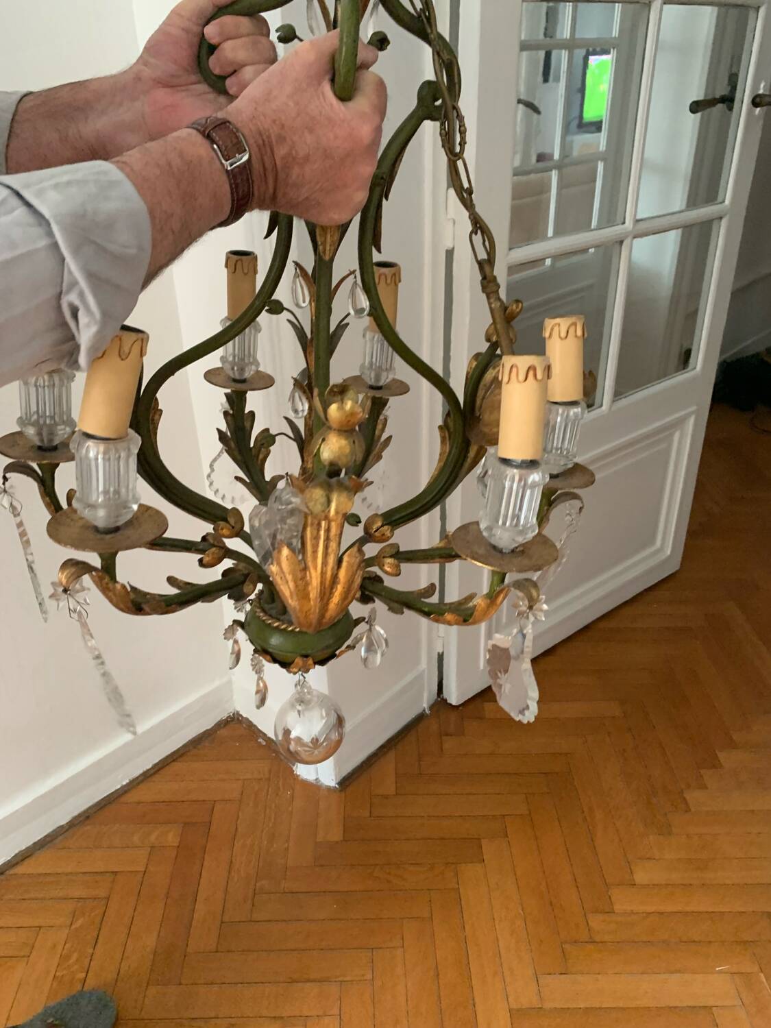 Gold and green crystal chandelier