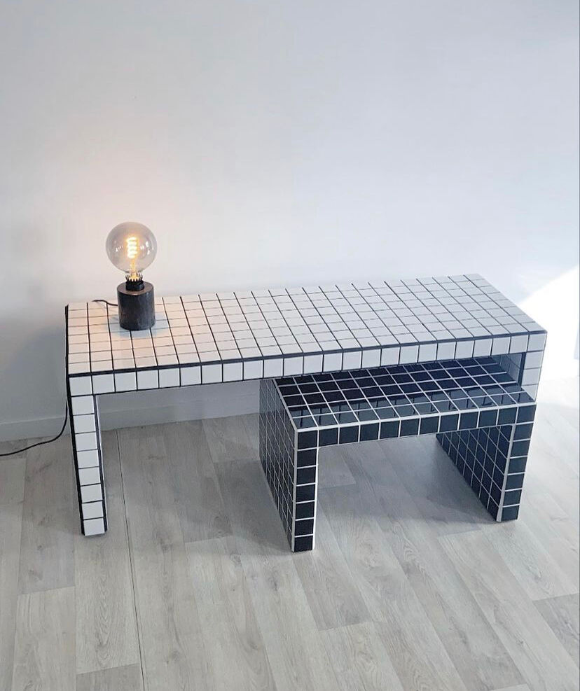 Coffee table tiles mosaic white joint black