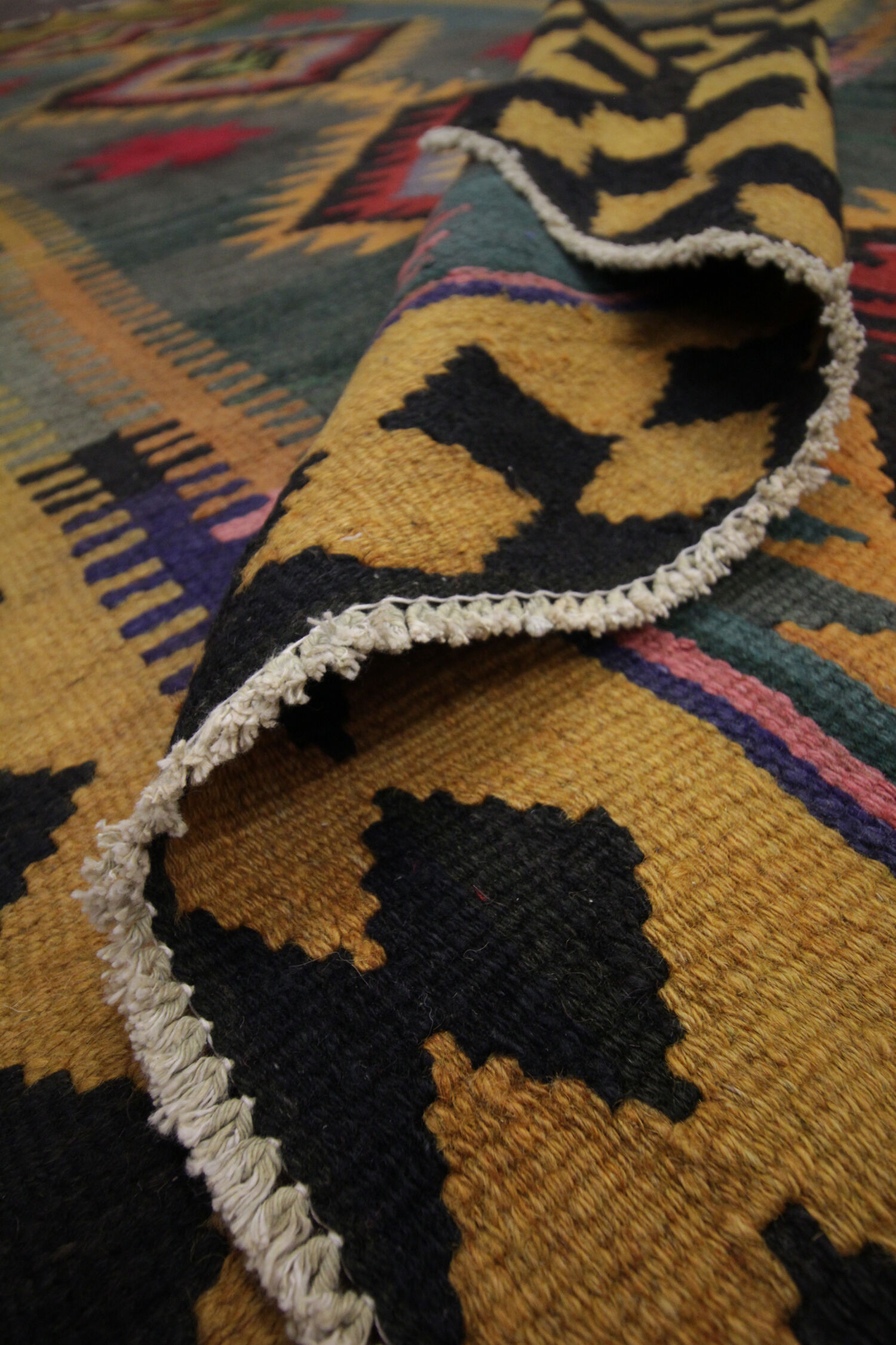 Vintage Green Tribal Wool Kilim Rug, Caucasian Flat woven Carpet-152x290cm