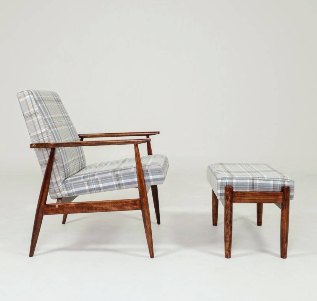 Vintage armchair and footstool in beige blue tartan, modern design