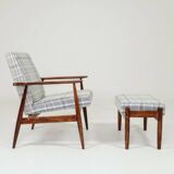 Fauteuil vintage et repose-pieds tartan beige bleu modern design