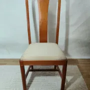 Set of 4 vintage chairs in stained wood and cream fabric.