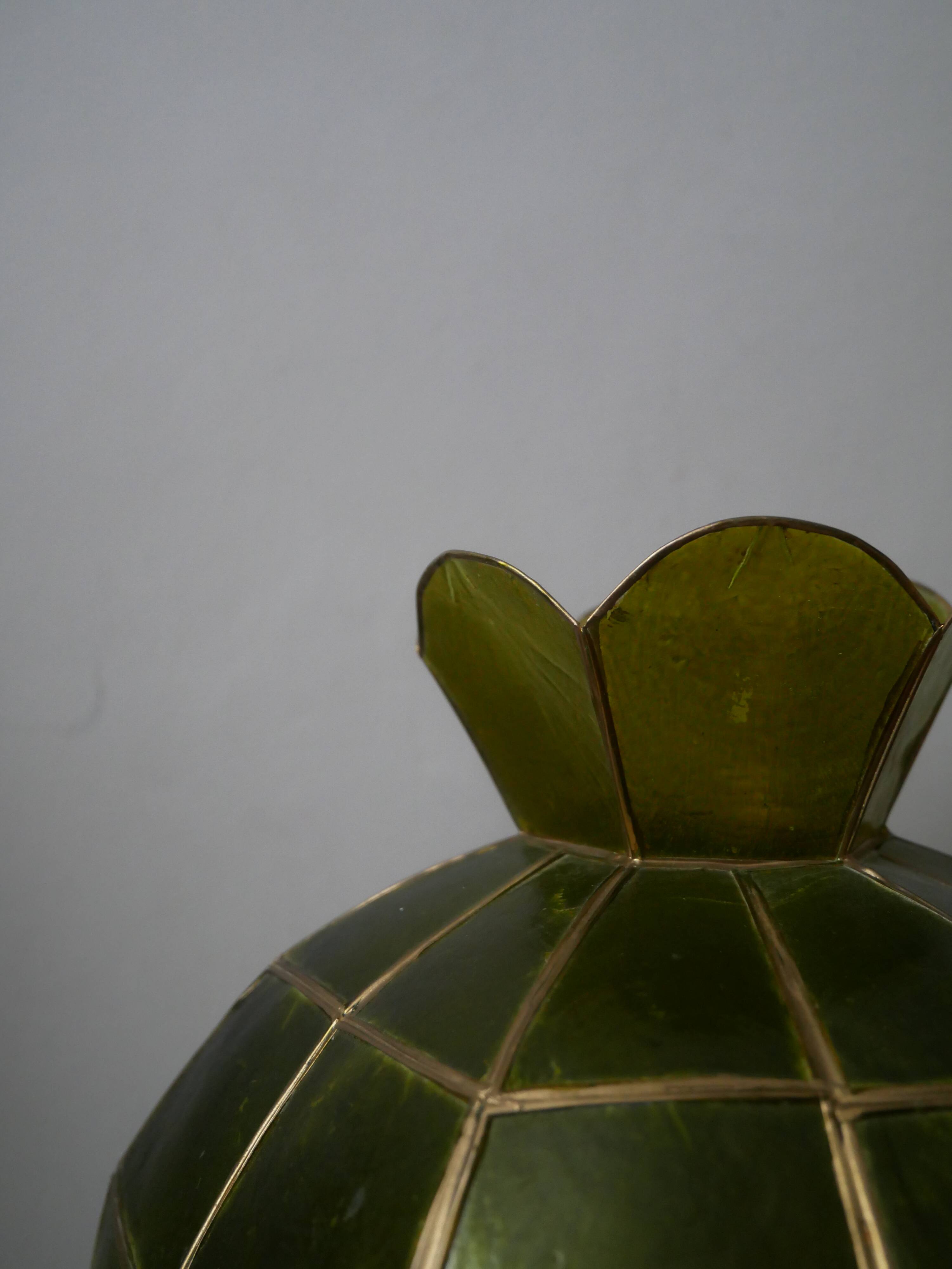 Vintage green and gold mother-of-pearl and brass pendant lampshade, bohemian country decoration