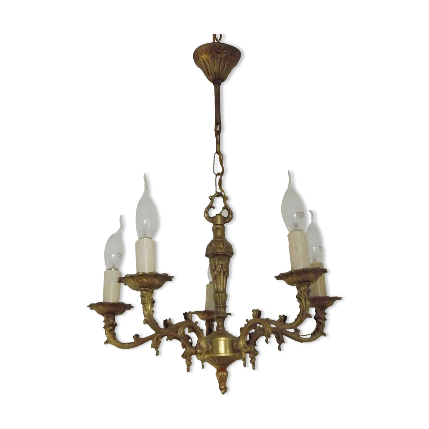 Vintage french bronze ornate detail 5 light chandelier