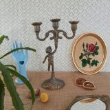 Paire de chandeliers trois branches anges chérubins en régule  - vintage