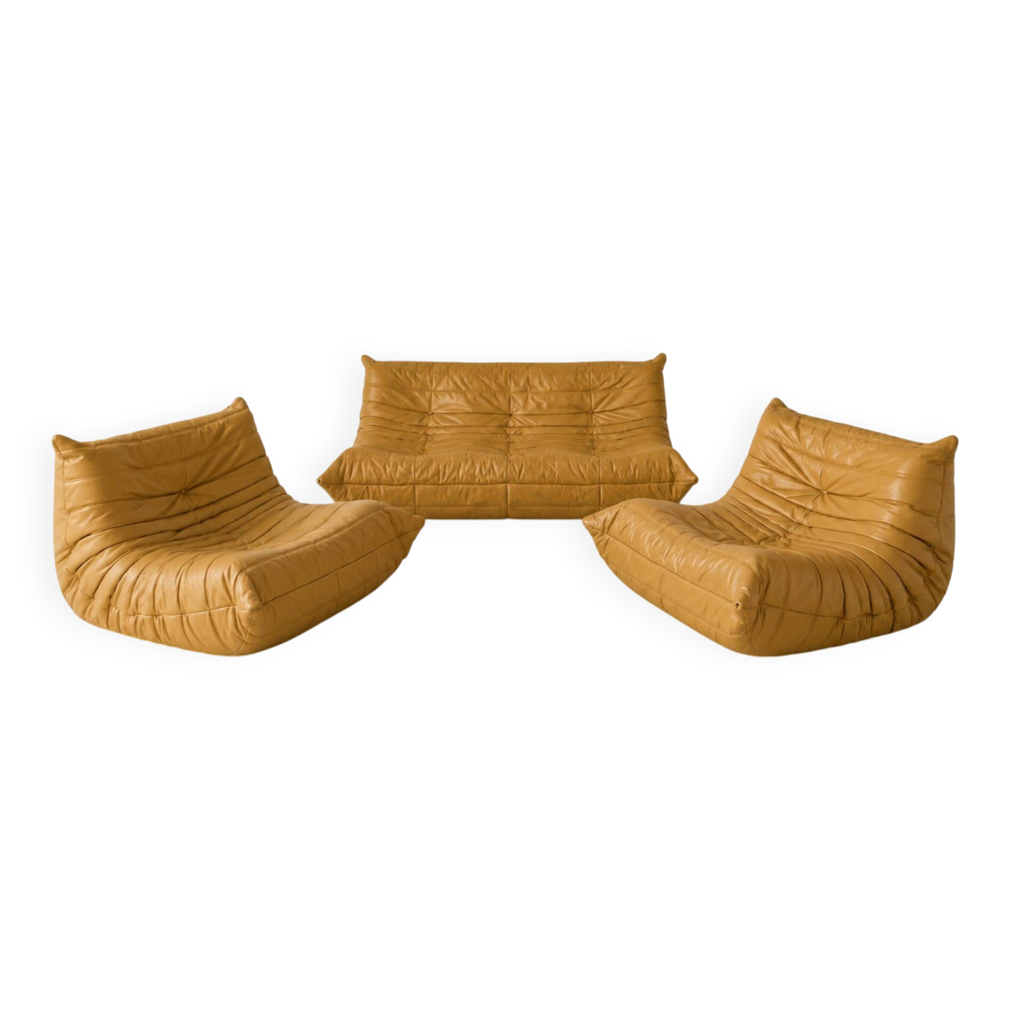 Ligne Roset Togo vintage honey yellow leather – 3-seater + 2 armchairs