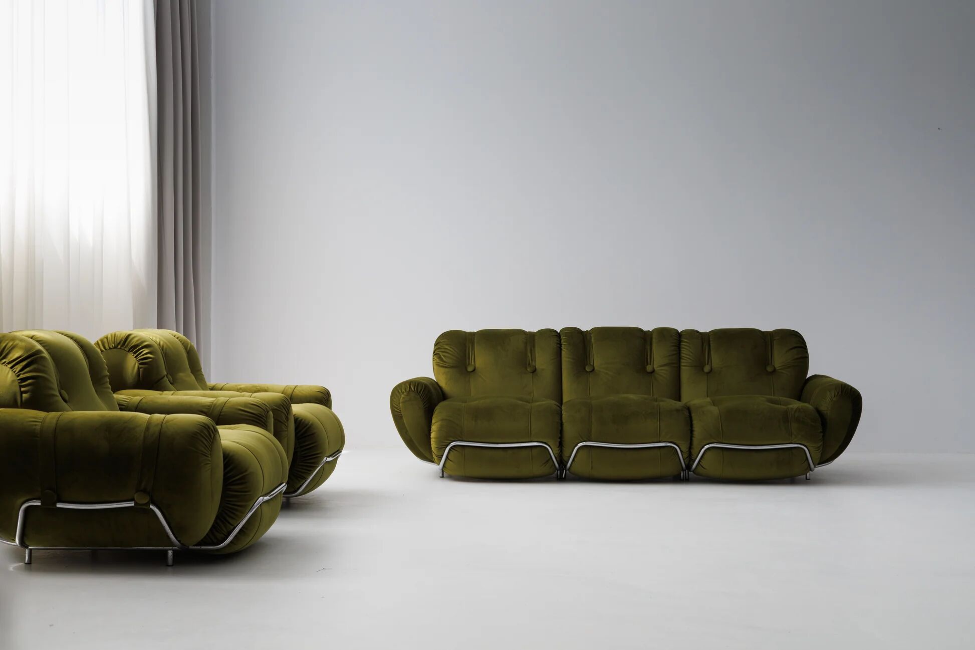 Three seater sofa and armchairs dining set by Adriano Piazzesi, reupholstered olive velvet