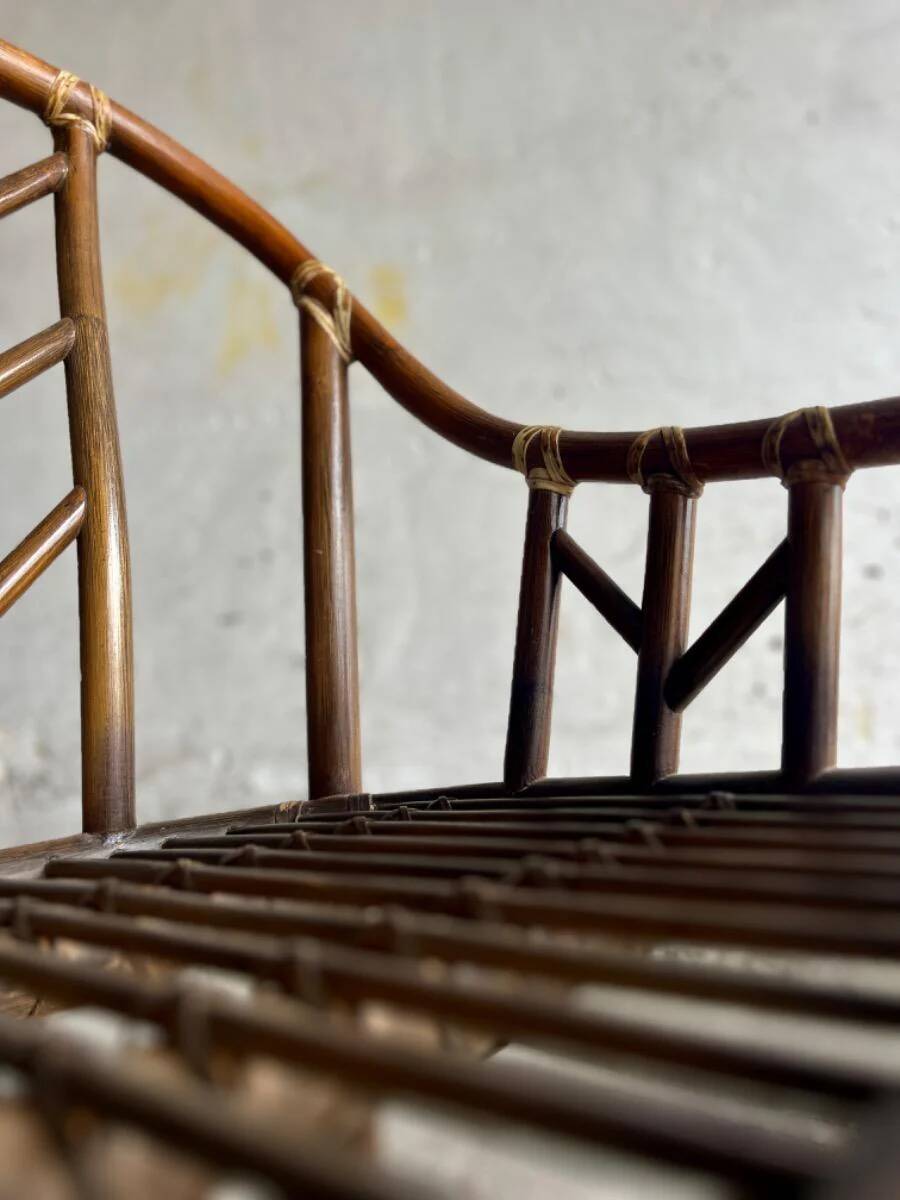 Rare McGuire 1970s dark brown rattan armchairs — set of 6, bamboo bindings, mid-century boho