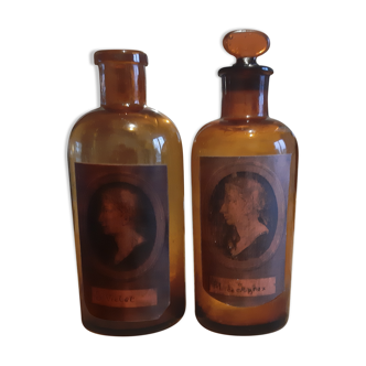 2 pharmacy bottles in brown glass