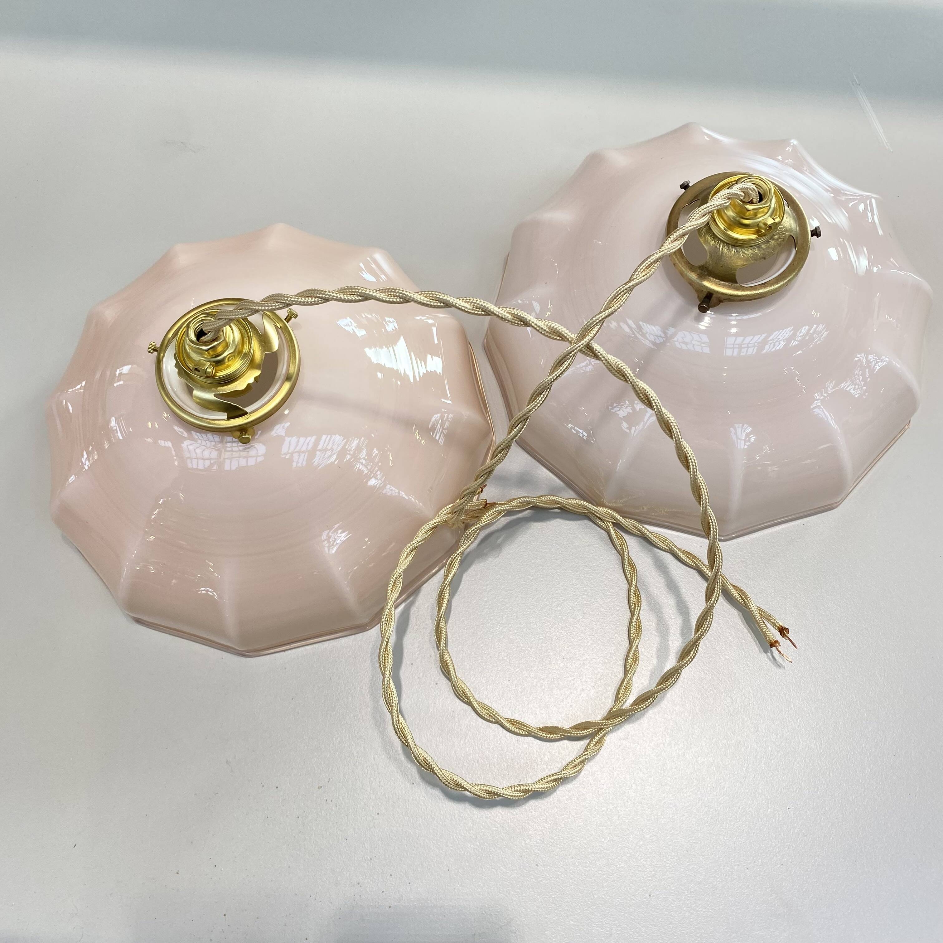 Pair of pale pink opaline pendant lights