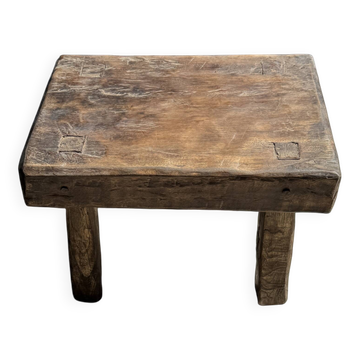 Petit stool, tabouret d'appoint en teck massif rectangulaire wabi-sabi H25