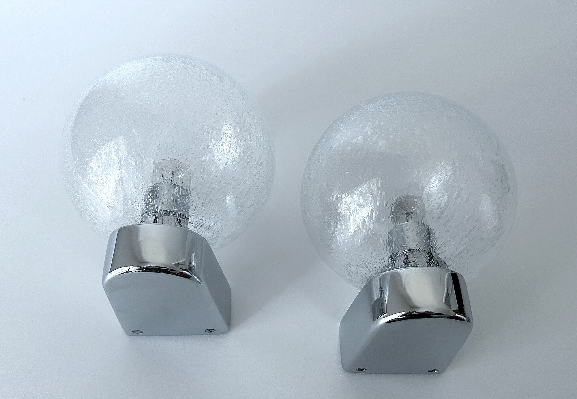 Vintage 70s wall lamps, chrome and bubble glass