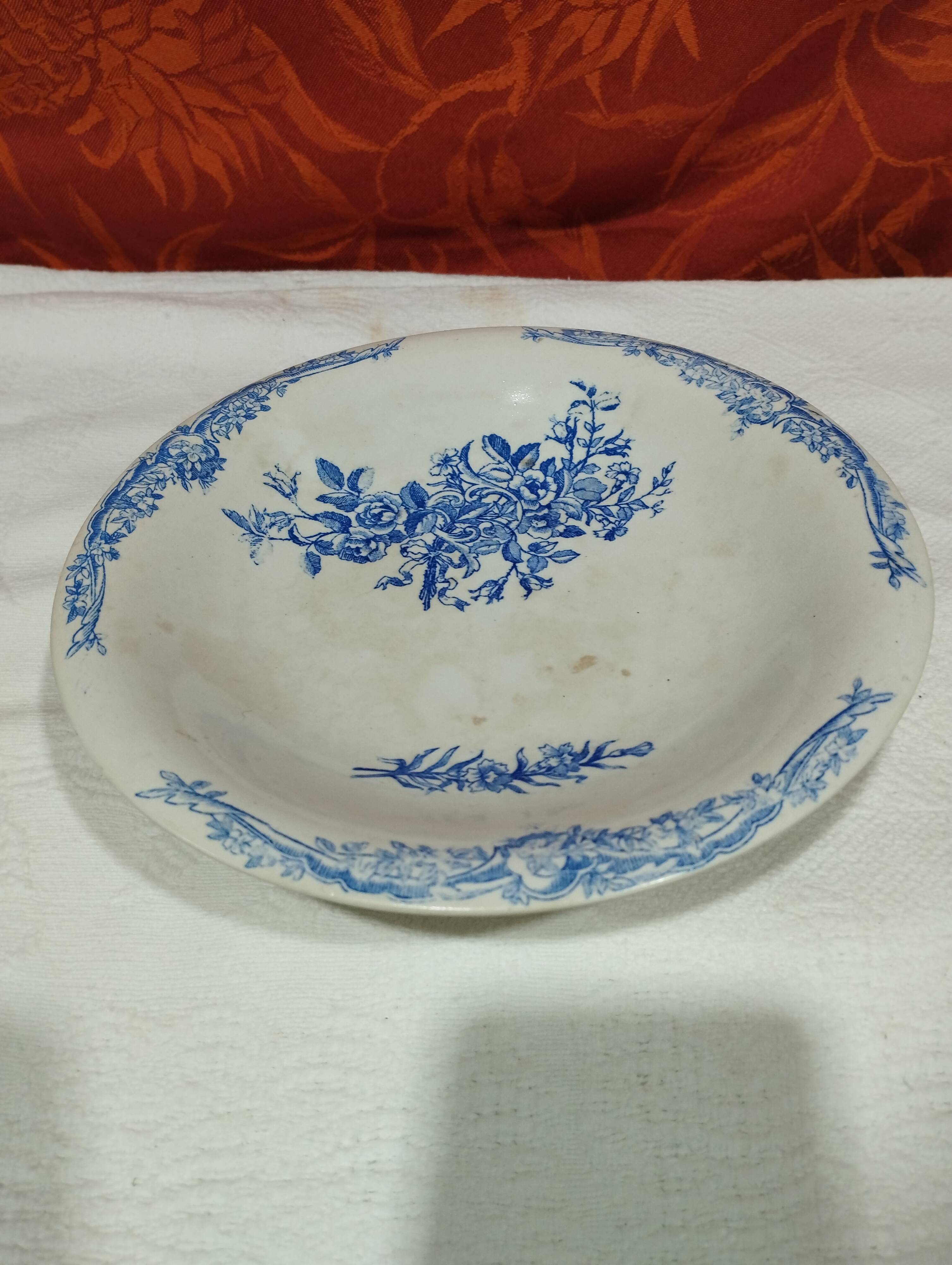 old earthenware fruit bowl - blue floral decoration