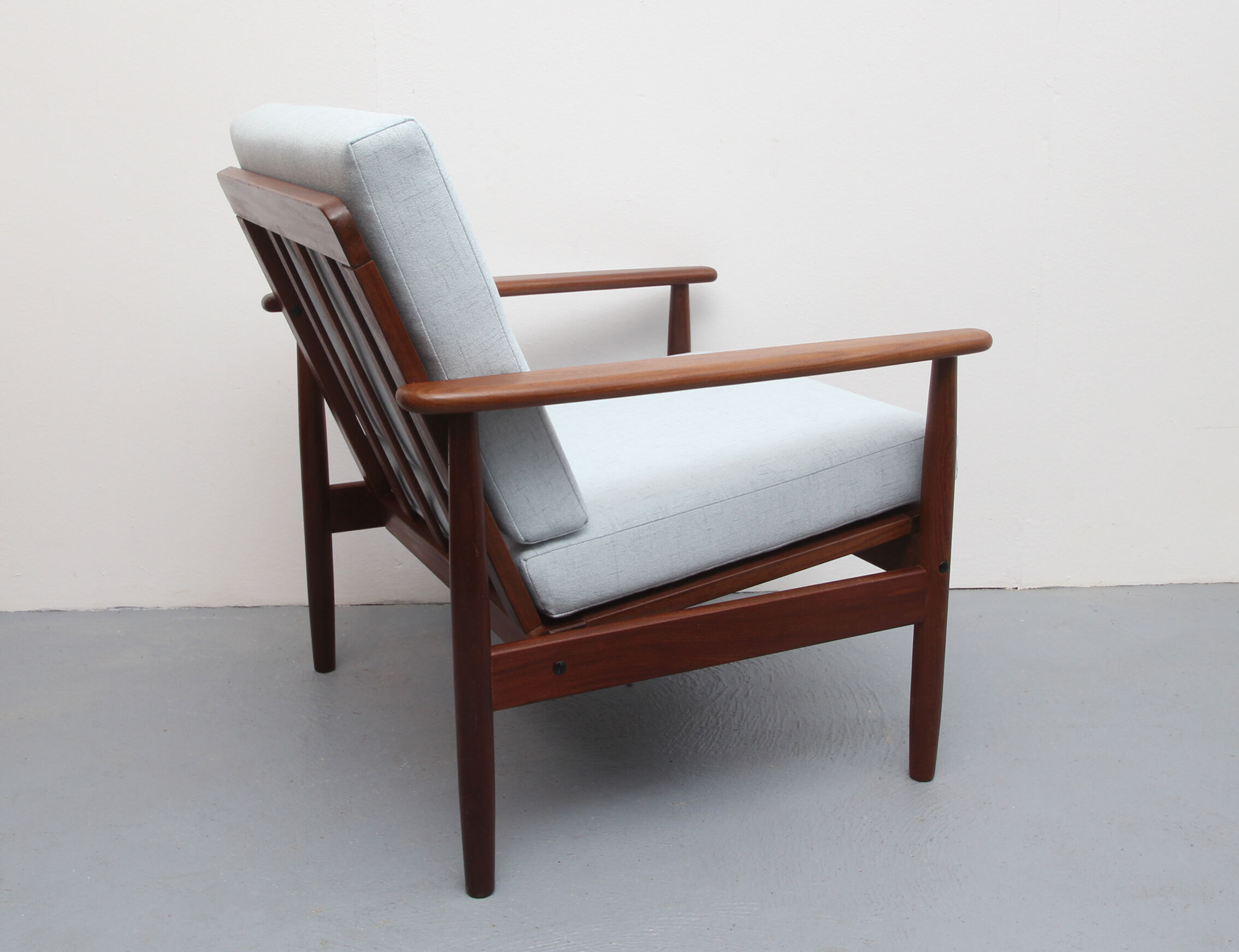 1960s teak armchair new cushions in grey-blue