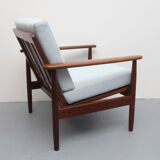 1960s teak armchair new cushions in grey-blue