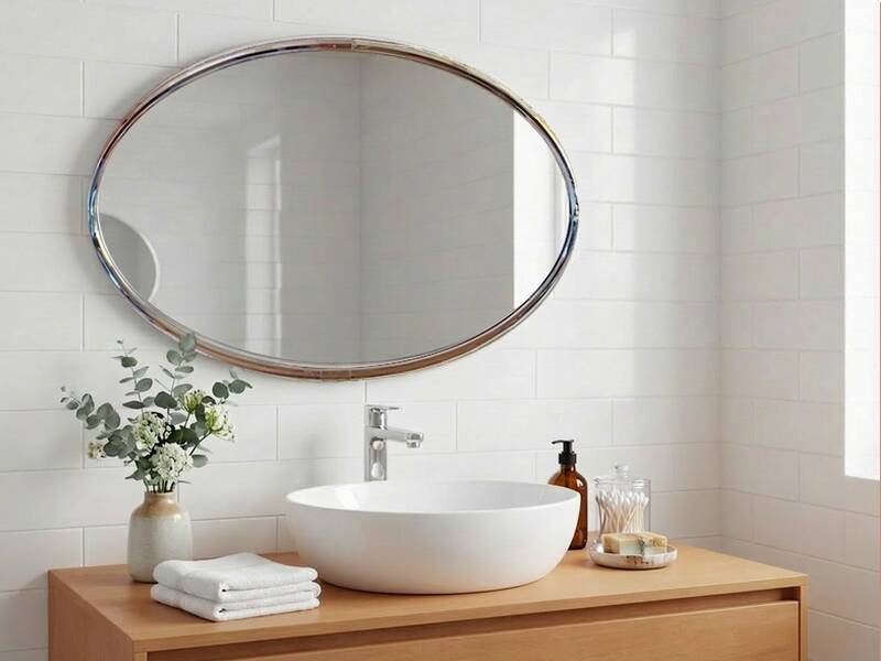 Oval Art Deco mirror with vintage chrome frame from the 1970s.