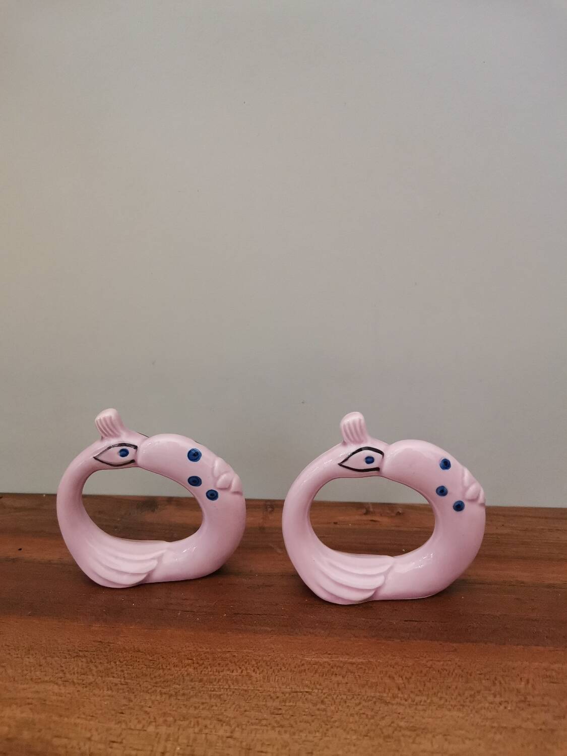 Set of 2 vintage ceramic barbotine napkin rings in the shape of a crane bird