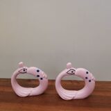 Set of 2 vintage ceramic barbotine napkin rings in the shape of a crane bird