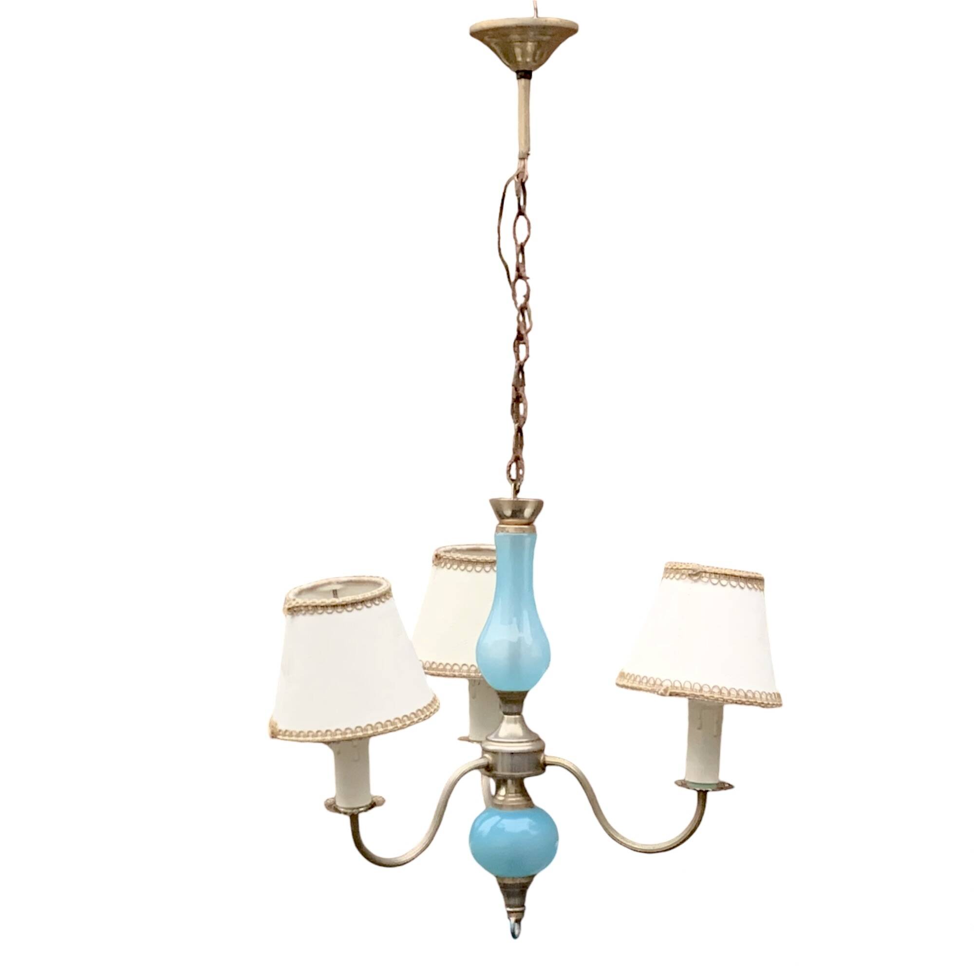 Turquoise opaline and vintage metal chandelier - 3 arms