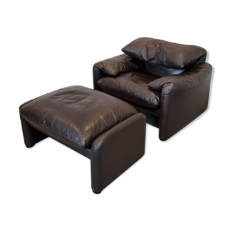 Brown leather Maralunga armchair & ottoman by vico magistretti for cassina, 1973