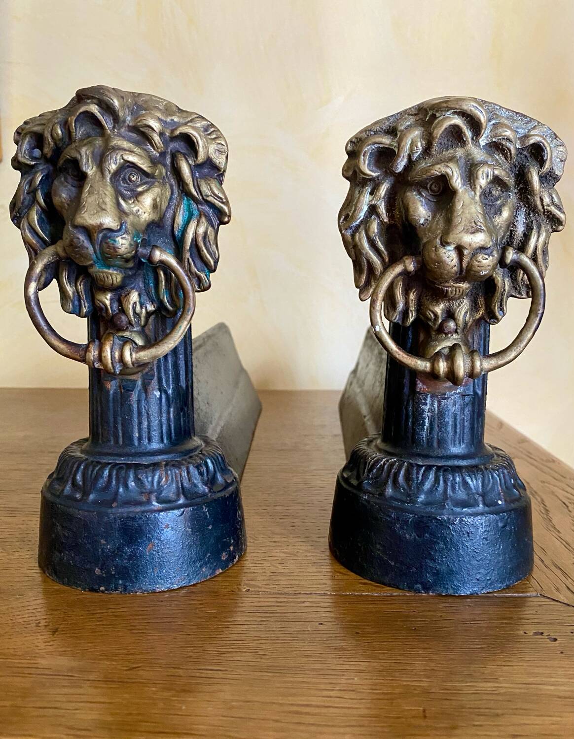 Pair of antique fire dogs with lion heads - patinated cast iron
