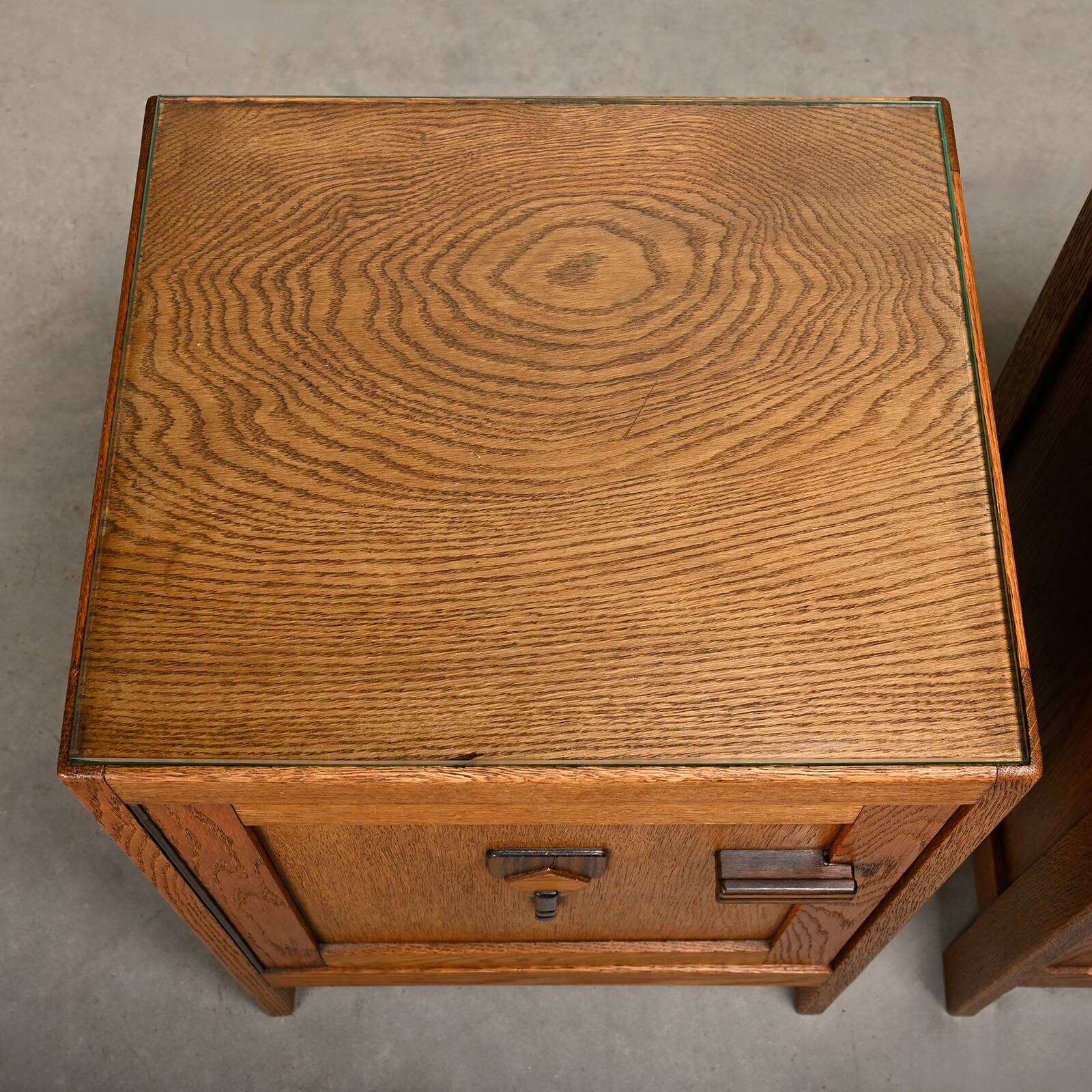 Art Deco Amsterdam School Nightstands pair in oak and glass, 1930s Netherla