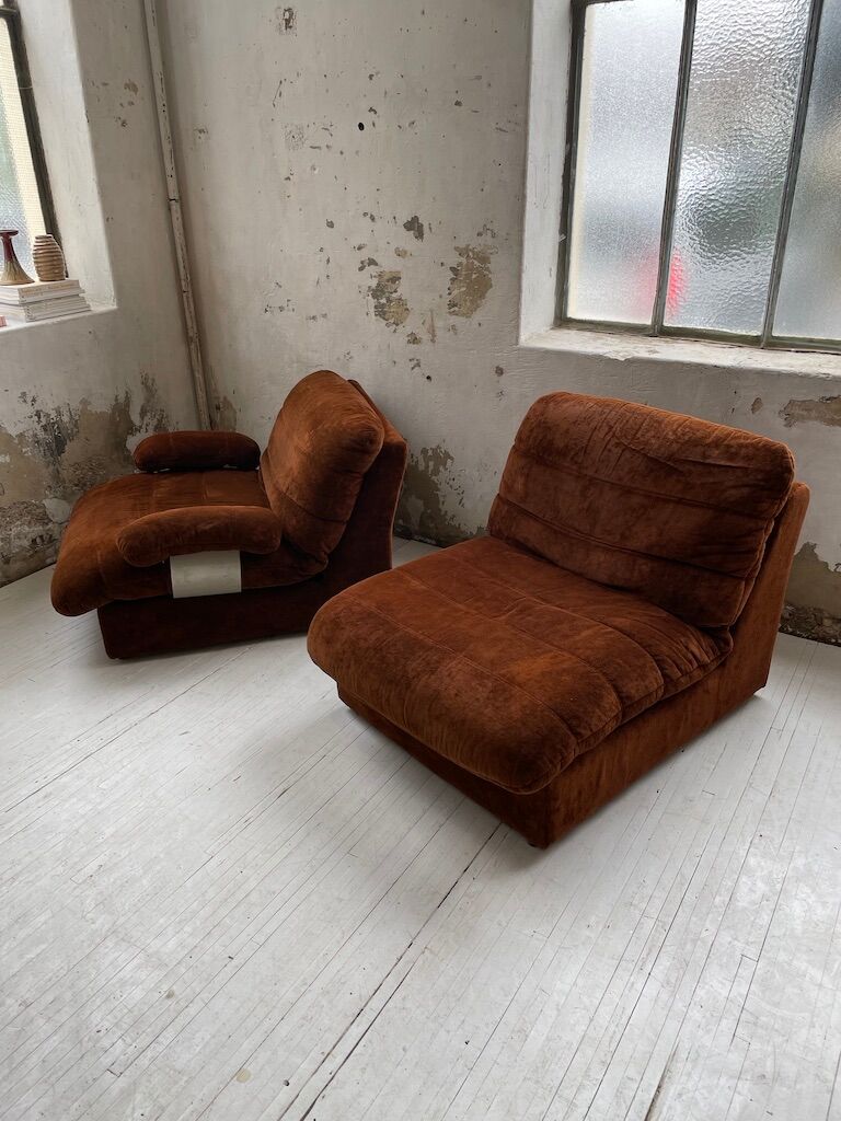 Pair 70s brown velvet armchairs