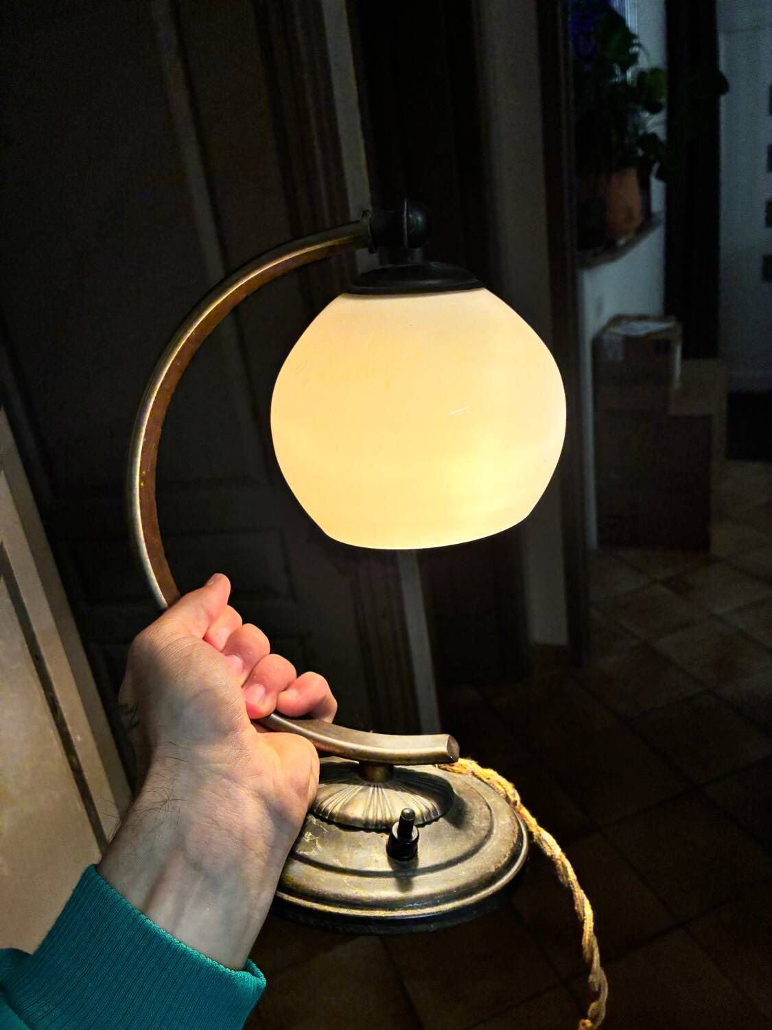 Antique Art Deco lamp with opaline glass and brass fittings, 1930s