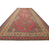 Handwoven vintage kilim rug grey pink wool carpet area rug- 147x342cm