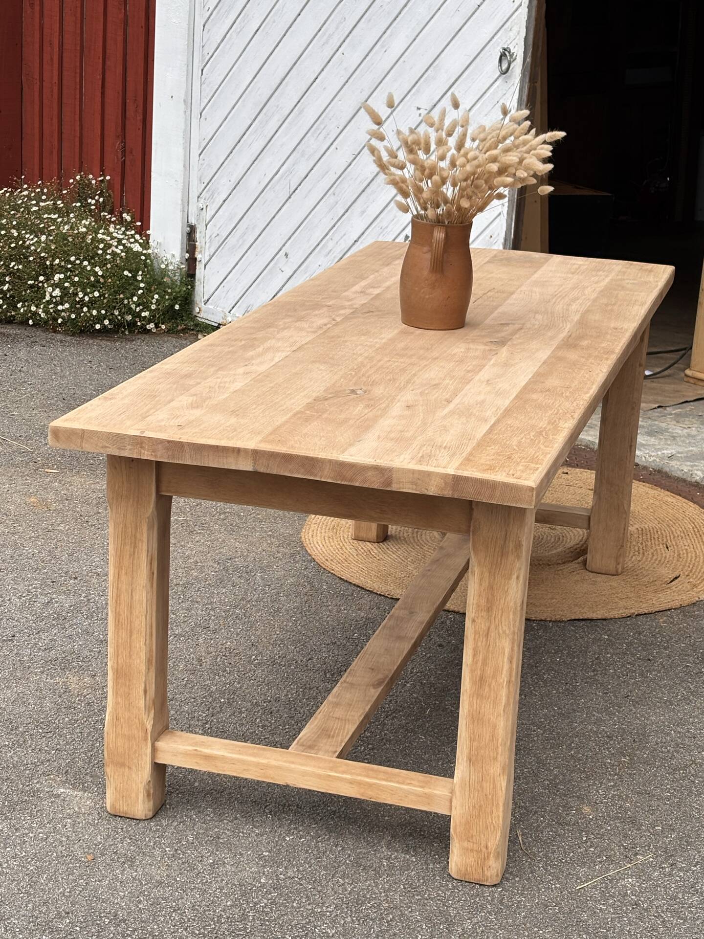 Large antique farmhouse table in raw solid oak.