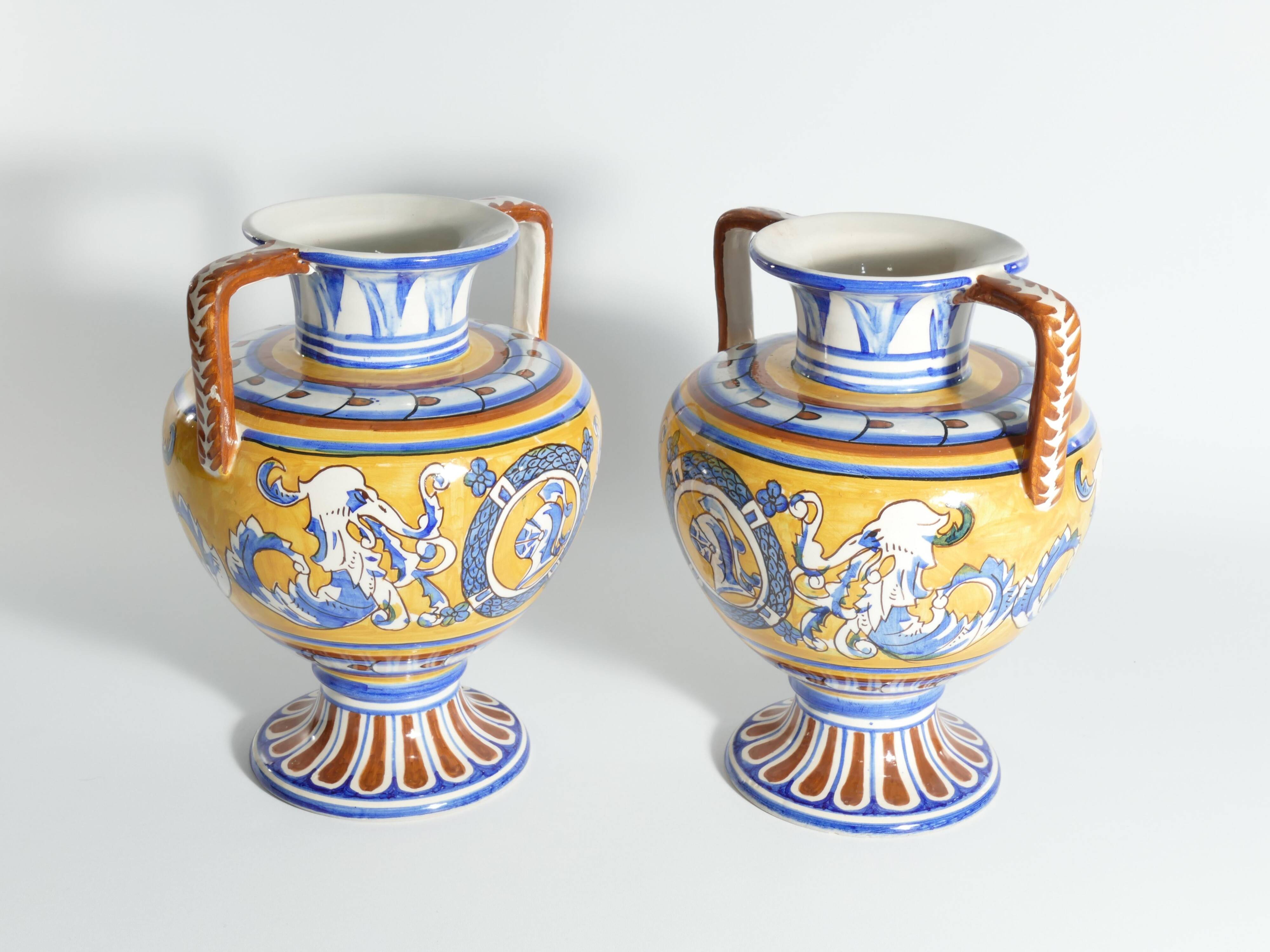 Large Hand-Painted Ceramic Double Handled Vases,  France, Set of 2