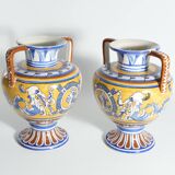 Large Hand-Painted Ceramic Double Handled Vases,  France, Set of 2